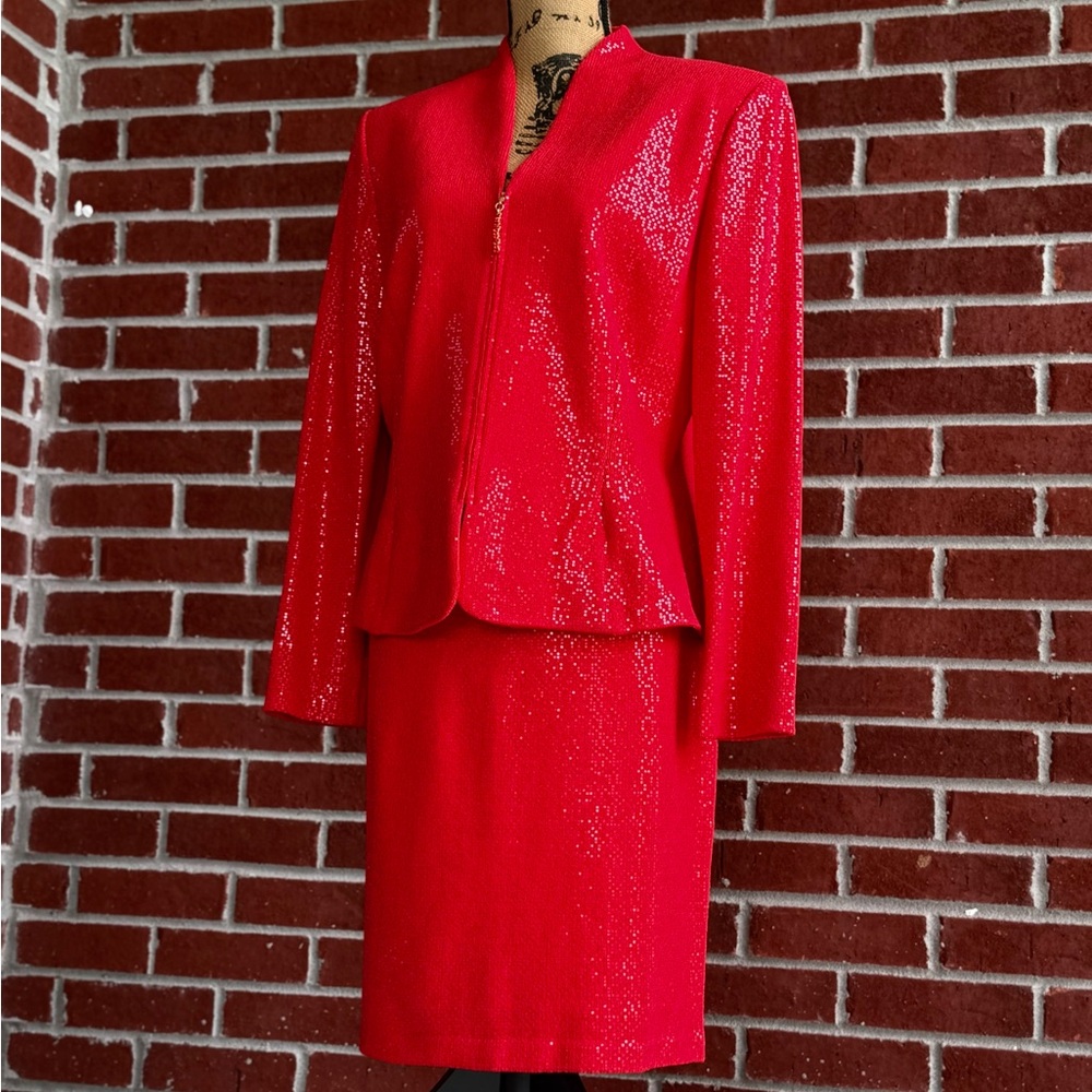 St. John Vibrant Red Sequin All Over Skirt Suit Set
